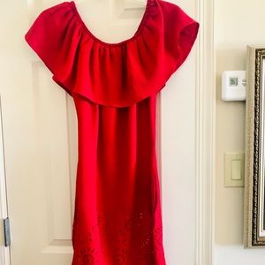 Red crepe off the shoulder dress